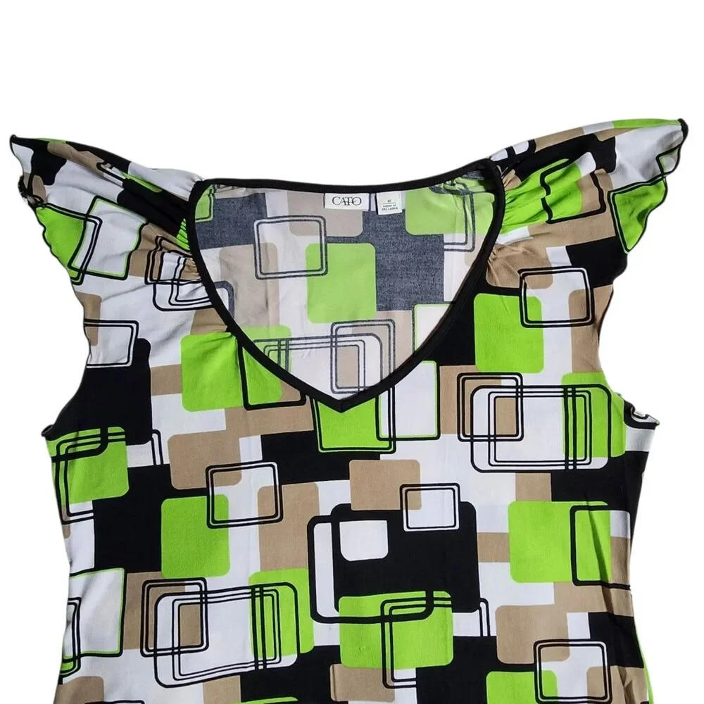 Cato Multi Color Geometric Print V Neck Flutter Sleeve Top sz M